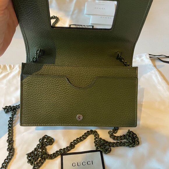 GUCCI Calfskin Enamel Monochrome Mini GG Marmont Chain Wallet Military Wood - Picture 2 of 7